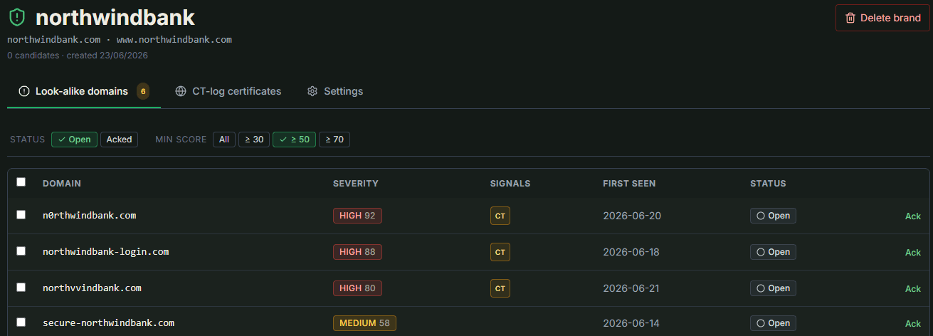Brand monitoring dashboard listing detected look-alike domains with risk scores
